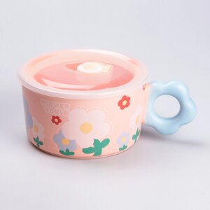 Чашка бульйонниця керамічна 750 мл з пластиковою кришкою "Квітка" Рожева супниця миска для локшини