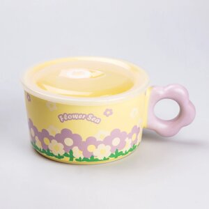 Чашка бульйонниця керамічна 750 мл з пластиковою кришкою "Квітка" Жовта супниця миска для локшини
