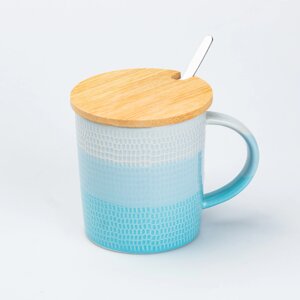 Чашка з бамбуковою кришкою та ложкою керамічна 350 мл Блакитна